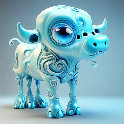Prompt: Bipedal creature resembling a sky-blue cow, one big eye, ghostly and floating, ghostly swirls all around , masterpiece, best quality, in iridescent style