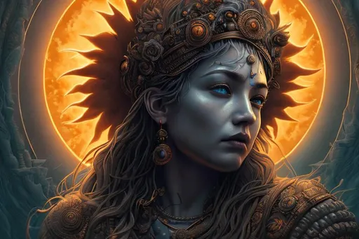 Prompt: goddess of the sun hyper detailed extremely realistic dark cinematic UHD in the style of Steve Argyle 