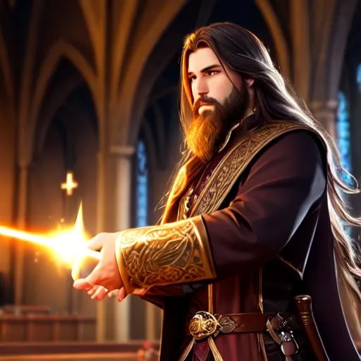 Prompt: D&d male mage, church, no armor, long hair, short beard, professional, render, Sharp focus, HD, UHD, HDR, hyperrealistic 