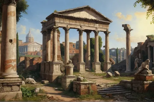 Prompt: historical old oil painting of a realistic scene in ancient rome, ruins, gardens, statues, high detail, uhd, 8k