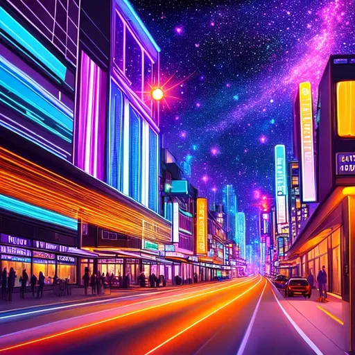 Prompt: a painting of a city street, galaxy sky, nighttime, soft light, art, cars with light trails, fireflies, vaporwave
