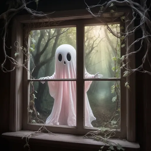 Prompt: white ghostly spirit looking through a window in the woods, glowing , vines hanging, dark, windy, 4k HDR