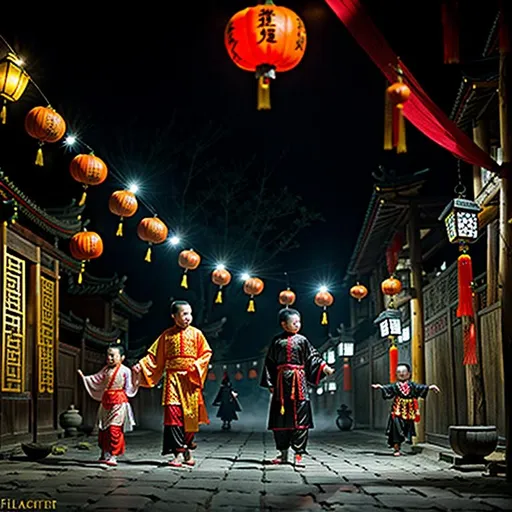 Prompt: Subject: Chinese-style Halloween

Creative descriptions: Gothic Chinese costumes, spooky lanterns, carved radishes, Jiangshi (Chinese zombies), paper talismans, prayer flags hanging on wires, kids with candy buckets.

Environment: Dimly lit streets, misty atmosphere, flickering lantern light, traditional Chinese architecture.

Mood/atmosphere: Eerie, mysterious, festive, blending Chinese and Halloween elements.

Artistic medium/techniques: Captivating photography, intricate paper cutting, vibrant colors, play of light and shadows.

Artists/illustrators/painters/art movements: Ai Weiwei, Zhang Xiaogang, Liu Bolin, Tang Dynasty art, Chinese paper cutting techniques.

Camera settings: DSLR camera, low ISO, wide aperture, long exposure.

Film: Color slide film for vibrant hues.