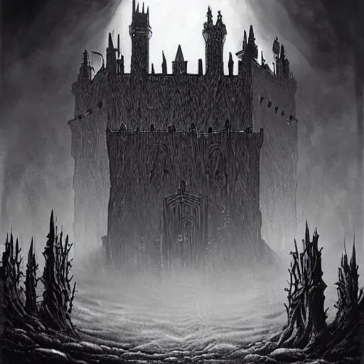 Prompt: a painting/book cover, of a dnd greater old one, hiding in the shadows above a gothic looking dark age castle. the fields in front are lined with cheap cross headstones. there is heavy fog and swirling mist. there are 4 small characters at the center base. perspective makes them small.

black and white with a grimdark early 90s warhammer 40 style.

include the title Lords of the Last Days. large textbook cover format