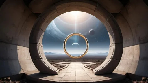 Prompt: circular portal, gateway from one world to an alien world, ring, ring standing on edge, freestanding ring, complete ring, panoramic view