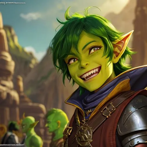 Prompt: oil painting, D&D fantasy, green-skinned-goblin man, green-skinned-male, small, short fiery red hair, wavy hair, smiling, pointed ears, fangs, looking at the viewer, cleric wearing intricate adventurer outfit, #3238, UHD, hd , 8k eyes, detailed face, big anime dreamy eyes, 8k eyes, intricate details, insanely detailed, masterpiece, cinematic lighting, 8k, complementary colors, golden ratio, octane render, volumetric lighting, unreal 5, artwork, concept art, cover, top model, light on hair colorful glamourous hyperdetailed medieval city background, intricate hyperdetailed breathtaking colorful glamorous scenic view landscape, ultra-fine details, hyper-focused, deep colors, dramatic lighting, ambient lighting god rays, flowers, garden | by sakimi chan, artgerm, wlop, pixiv, tumblr, instagram, deviantart