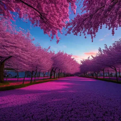 Prompt: The big blooming cherry tree forest, blue, purple, pink, sunset, cyberpunk style