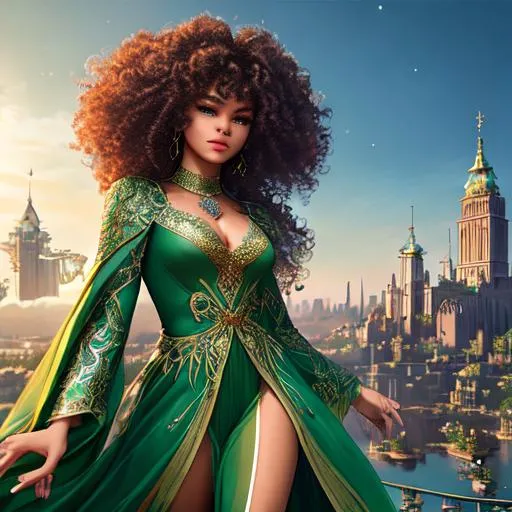 Prompt: Zendaya, full body pose, Hyper realistic face, casting magic spells,  battlefield ethereal green lace royal wizard suit, with fancy mask, floating city in background, jewelry set, wild curly hair, floating city in background, royal vibe, highly detailed, digital painting, HD quality, brown skin, artgerm, by Ilya Kuvshinov 