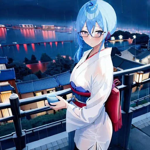 Prompt: Girl with blue hair , night, moon, anime, city, train, landscape photography, rain, blue, rill, japan, spirit away