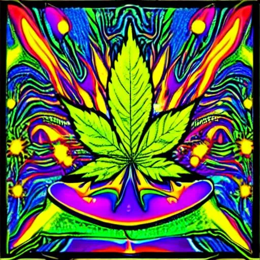 Prompt: The Life on Psychedelics and L$D and acids; the "Magical Drug" trippin' and colors of manipulation and Magic Shrooms running around with a very keptical Cannabis Leaf 