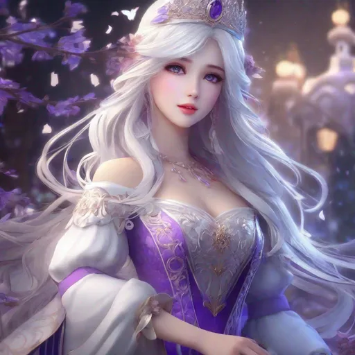Prompt: 3d anime woman, beautiful, mysterious princess lady,white hair, purple eyes, long hair, soft look, shyly