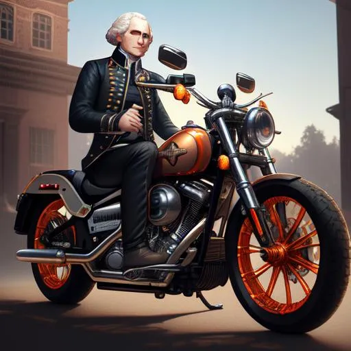 Prompt: George Washington on a Harley Davidson motorcycle, captured in a detailed 8k resolution render with dynamic lighting and intricate details. Created by renowned artists Greg Rutkowski, Artgerm, and WLOP, the artwork features triadic colors and was made using Unreal Engine 5. It is currently trending on Artstation as a hyperdetailed and intricately detailed splash art.