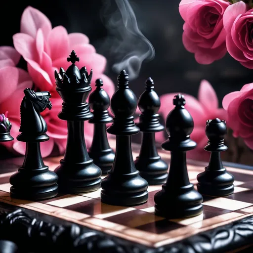 Prompt: a black chess set with pink flowers on a table next to it and smoke coming out of the top of the chess pieces, Anne Stokes, gothic art, crown, a still life