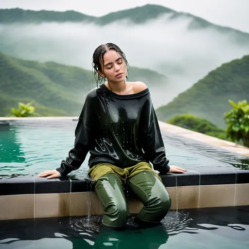 Prompt: photo of young woman, soaking wet clothes, army boots, green jeans, oversized black sweater,  , an infinity pool,   enjoying, water dripping from clothes, clothes stuck to body,  detailed textures of the wet fabric, wet face, wet plastered hair,  wet, drenched, professional, high-quality details, full body view.