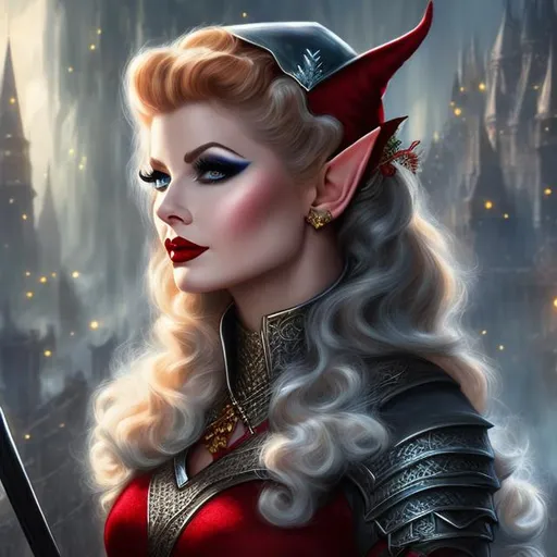 Prompt: Lucille Ball as a fantasy elf rogue, oil painting, fantasy, DnD Character, UHD, hd , 8k, , hyper realism, Very detailed, zoomed out view of character, panned out view, full character visible, elf female artist, s, she is wearing medieval attire