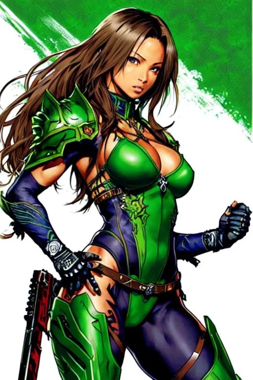Prompt: Devil May Cry Art (((Yoji Shinkawa))), sticker of ultra detailed portrait of Sasha Banks, in detailed green holy armor, high quality cell shaded illustration in post apocalyptic style by Yoji Shinkawa, ((full body)), dynamic pose, perfect anatomy, centered, freedom, soul, blue long hair,tan skin approach to perfection, cell shading, 4k , cinematic dramatic atmosphere, watercolor painting, global illumination, detailed and intricate environment, artstation, concept art, fluid and sharp focus, volumetric lighting, cinematic lighting, Art by Ilya Kuvshinov
