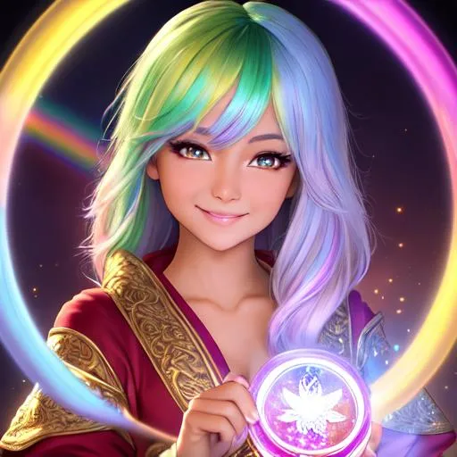 Prompt: oil painting, fantasy, Pixie girl, tanned-skinned-female, beautiful, short bright rainbow hair, straight hair, rosy cheeks, smiling, looking at the viewer, summoner wearing intricate robes casting a spell, #3238, UHD, hd , 8k eyes, detailed face, big anime dreamy eyes, 8k eyes, intricate details, insanely detailed, masterpiece, cinematic lighting, 8k, complementary colors, golden ratio, octane render, volumetric lighting, unreal 5, artwork, concept art, cover, top model, light on hair colorful glamourous hyperdetailed medieval city background, intricate hyperdetailed breathtaking colorful glamorous scenic view landscape, ultra-fine details, hyper-focused, deep colors, dramatic lighting, ambient lighting god rays, flowers, garden | by sakimi chan, artgerm, wlop, pixiv, tumblr, instagram, deviantart
