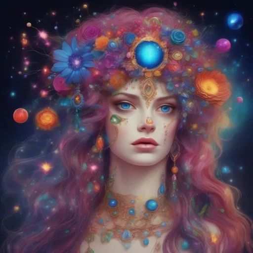 Prompt: Colorful and beautiful Persephone with hair that is made out of the cosmos, eyes made of jewels.