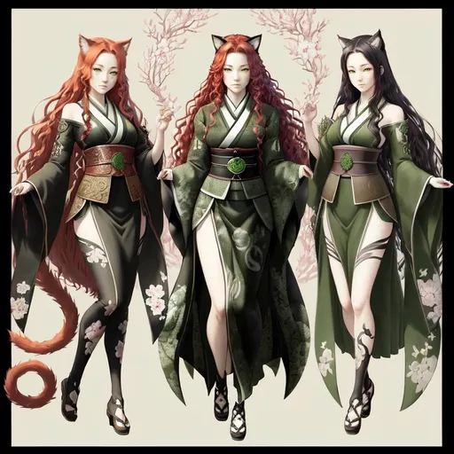 Prompt: Japanese ink art, Celtic woman, face with cat ears and tail, long red curly hair, detailed green eyes, detailed skin texture, full body view, detailed Japanese background, diffused lighting, delicate, artistic, beautiful, 