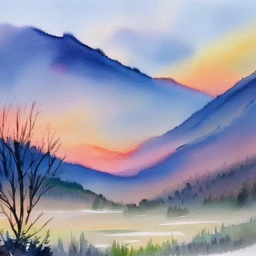 Prompt: Dawn and sunrise over wintry valley in watercolor