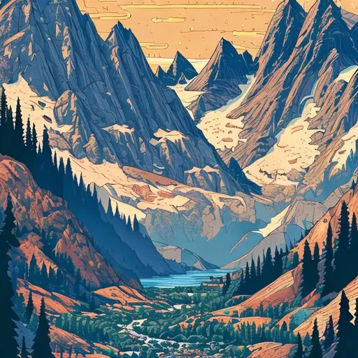 Prompt: Washington state, mountains, hyperdetailed, proportional, romantic, enchanting, achingly beautiful, graphic print, trending on artstation, bob's burgers style