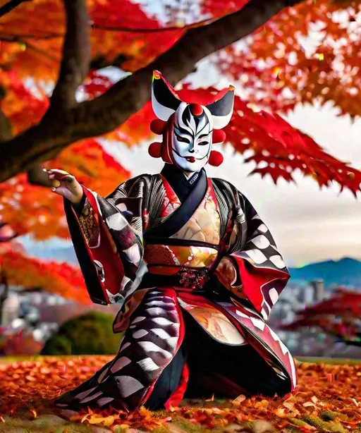 Prompt: photo of a Japanese kabuki man Persona, wearing a Shitenno kabuki face mask, intricate magestic Kabuki costume, Performing a Kiza stance, Himeji Castle in the background, surrounded the Japanese maple tree with its beautiful red leaves in the fall, intricate details, highly detailed, rotations angle 0°, 8k, photography, Pov, 