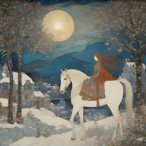 Prompt: Inlay Aubusson tapestry: a winter enchanted beautiful princess and her white horse, a whimsical village landscape background under a beautiful twilight night sky art by Gustave Moreau, Edmund Dulac, Georges Lemmen, John Lowrie Morrison, Thomas Edwin Mostyn, Gustav Klimt, Morris Hirshfield, William Timlin, John Bauer. 3/4 portrait, beautiful pastel aquarelle colours, crispy quality, cinematic smooth, polished finish, high quality, very clear resolution, blue, gold and rose tones, metallic glow