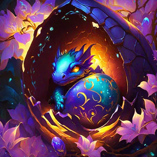 Prompt: world of warcraft style, baby dragon hatching from an egg with amber bioluminescent eyes, blossom background, radiant, flaming eyes,  art by greg rutkowski and artgerm