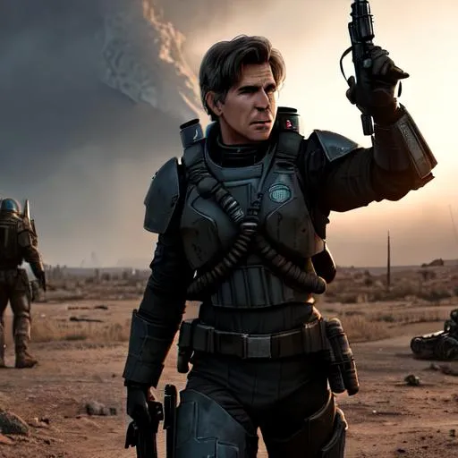 Prompt: (((high quality photorealism))) dark gritty ((young Harrison Ford)) wearing ((Fallout X-01 T-45 T-51 T-60 T-65 power armor)) in ((cinematic dark sci-fi fantasy movie)), in the fallout wasteland, surrounded by corpses on a battlefield, ((holding a giant gun)), dramatic action shot, ((Fallout movie by Tim Miller)), Pinterest Fallout Cosplay, symmetrical armor, 4k