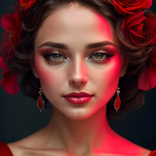 Prompt: Beautiful ethereal woman. color scheme of tuquoise and red. facial closeup