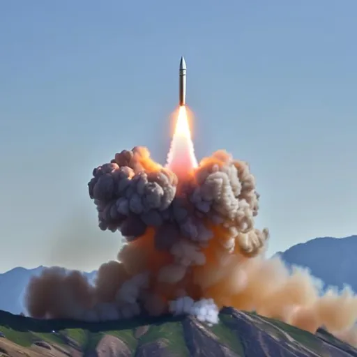 Prompt: missile in mid explosion with photo viral view 200 with mountain backdrop

