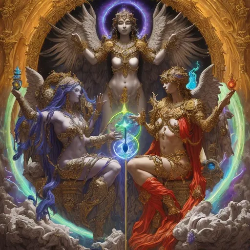 Prompt: Cosmic deity creating Good and Evil, light and darkness, debate, conflict of good and evil, (3 persons), vibrant colours, majestic, beautiful, Maximalist oil on canvas painting, in the style of Paul Gustave Dore, 3D trending on Artstation CryEngine,