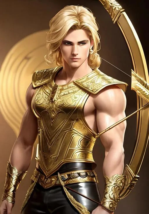 Prompt: a handsome Apollo from Greek mythology  toned warrior dressed in well oiled leather, with ultra realistic blonde hair and Ultra realistic green eyes, realistic tan complexion , with a golden bow and arrow, muscular body, fantasy character portrait, ultra realistic, concept art, intricate details, studio lighting, symmetrical, ideal human, ultra details, super detailed, 64k, detailed body, full body, looking into the camera smooth, sharp, focus; illustration, golden ratio.