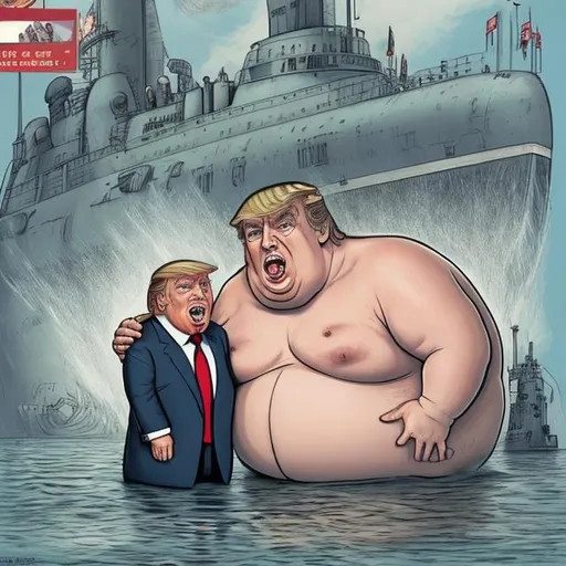 Prompt: Cute, obese raging Trump whispering into the ear of a muscular slim Russian spy Putin in front of a nuclear submarine in drydock, stars and stripes, dark-blue suit, too long red tie to the floor, u-boat scene, muted gloomy colored, Sergio Aragonés MAD Magazine cartoon style
