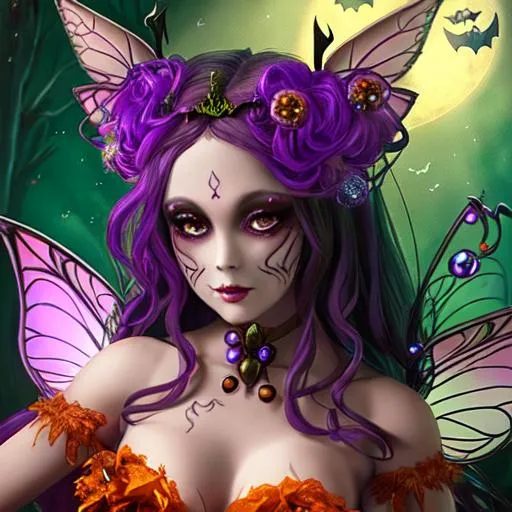 Prompt: fairy goddess of Halloween, closeup