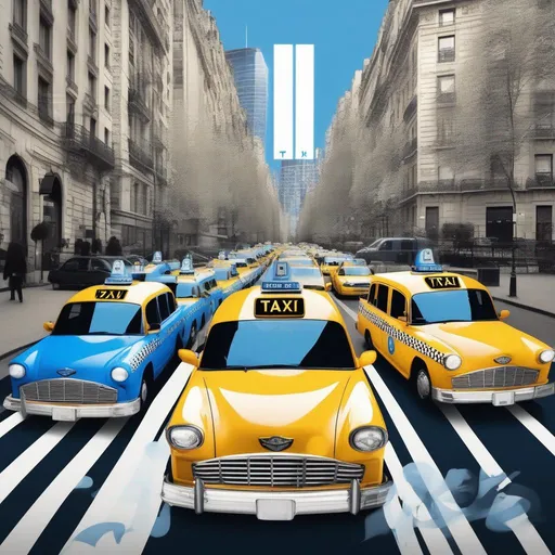 Prompt: Communauté de 7 taxi new yorkais avec vue de face avec comme titre Taxi Community et theme de couleur blanc et bleu et background ville de Paris


