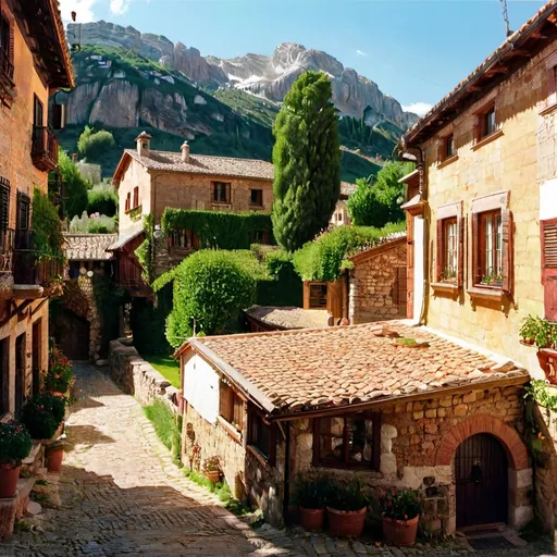 Prompt: Beautiful Vista in a Spanish Mountain Village, (picturesque scenery), vibrant colors, charming architecture with terracotta roofs, lush green hillsides, clear blue sky, warm sunlight casting soft shadows, (serene atmosphere), traditional village texture, cobblestone streets winding through homes, distant majestic mountains, (ultra-detailed), (4K) imagery, inviting and idyllic setting, (landscape inspired by impressionism).