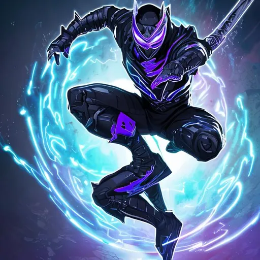 Prompt: A dynamic illustration showcasing a Quantum Ninja in action. The character is clad in sleek, form-fitting armor that glimmers with a metallic sheen. Their attire is predominantly black, adorned with vibrant blue and purple accents that radiate an ethereal glow. The Quantum Ninja is depicted mid-air, defying gravity with a graceful leap. They are surrounded by trails of shimmering energy, leaving behind a trail of particle-like effects in their wake. The ninja wields two gleaming, futuristic energy blades that crackle with electricity, showcasing their proficiency in both melee combat and manipulation of quantum forces. Their focused expression and poised stance exude confidence and determination, hinting at their mastery of quantum physics and swift, unpredictable movements.