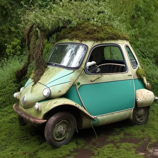 Prompt: a tree and various rambling vines growing through an old very rusty Isetta, algae or moss covering the car