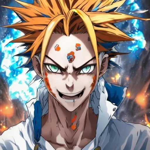 Prompt: orange and blue haired senku from dr stone in a black background