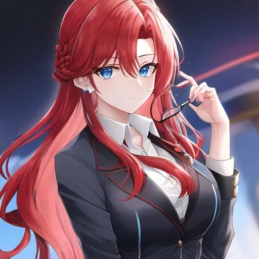 Prompt: Haley 1female (braided red hair pulled back, lively blue eyes. Wearing a sleek and stylish ensemble, with a tailored blazer, crisp button-up shirt, and fashionable trousers. UHD, close up, black stylish sunglasses on her head