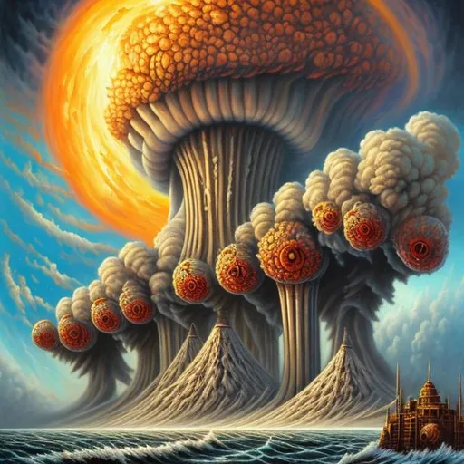 Prompt:  fantasy art style, painting, nuclear weapons, nuclear bombs, atom bomb, nuclear explosions, mushroom cloud, tzar bomb, bombs, torpedoes, misiles, concrete, smog, fog, evil, misiles launching, warship, naval ship, boat, deep ocean, waves, tsunami, flood, end of the world, apocalypse 