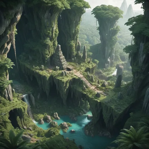 Prompt: Sprawling high fantasy jungle forest with caves and monolith, isometric view, Cinematic Matte Painting, Insanely Detailed, Award Winning, Trending on Artstation, 8k, UHD