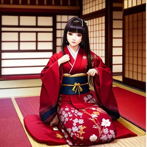 Prompt: (in the style of <sakimi-style>)++ japan sensual female, burgundy kimono, japan castle, nice body, dark hair