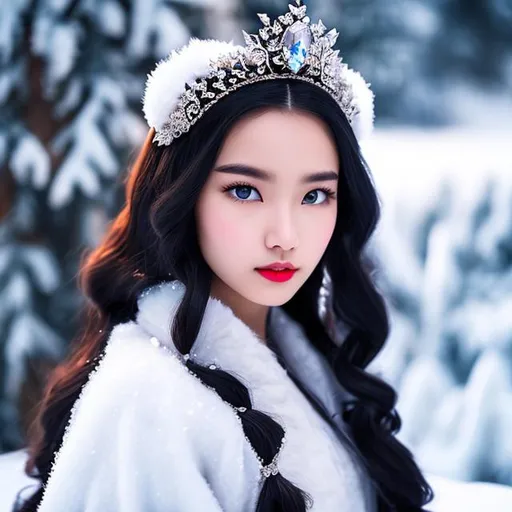 Prompt: High quality ice kingdom Princess with black with snow flakes long hair, hyper realistic, brown eyes, cherry lips, smooth and soft skin, 4HD, 1080p. Sparkles, renaissance dress