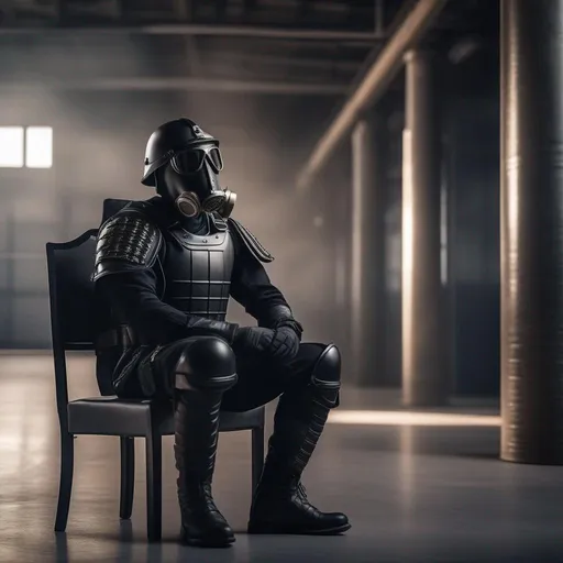 Prompt: A depression modern roman military male in black military roman armor, and gas mask, sitting on a chair in military base, Hyperrealistic, sharp focus, Professional, UHD, HDR, 8K, Render, electronic, dramatic, vivid, pressure, stress, traumatic, dark.