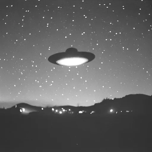 Prompt: I need photo realistic blurry images of multiple UFO's with lights in the night sky that look like it was taken on an old camera taken from inside of a parked car