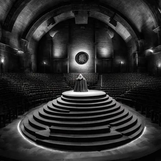 Prompt:  medieval Auditorium in the round with a Rotating stage with roses made of ink as a backdrop, lights and shadow filled. Mostly black and white
