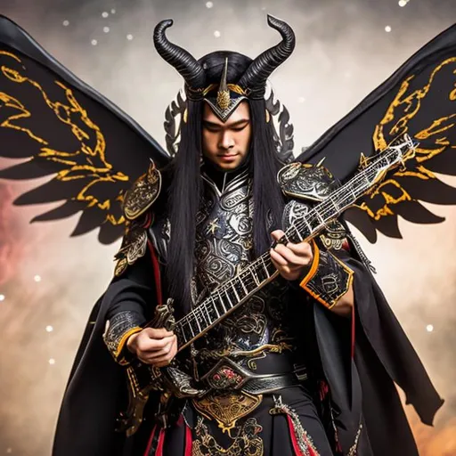 Prompt: a tiefling heavy metal guitarist with metallic wings, wearing traditional Chinese garb