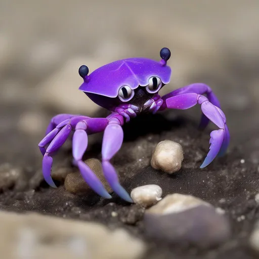 Prompt: A tiny violet-colored atlas crab from planet Venus lifting a rock with its claws. 